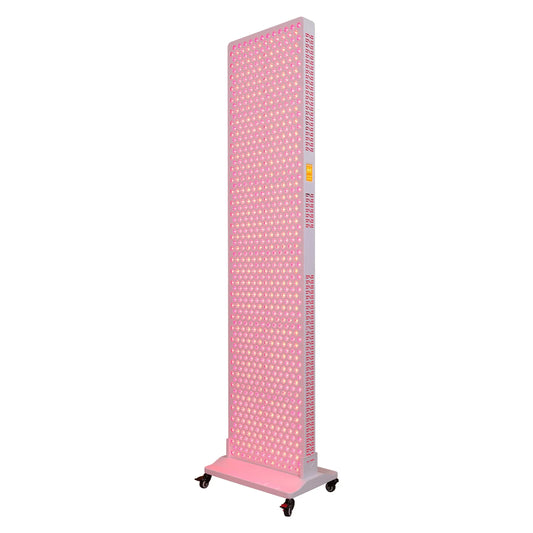 Tall NovaThera red light therapy panel with LED bulbs on wheeled stand, emitting pink-red light