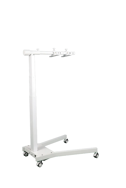 white metal mobile stand with adjustable arms and caster wheels on black background