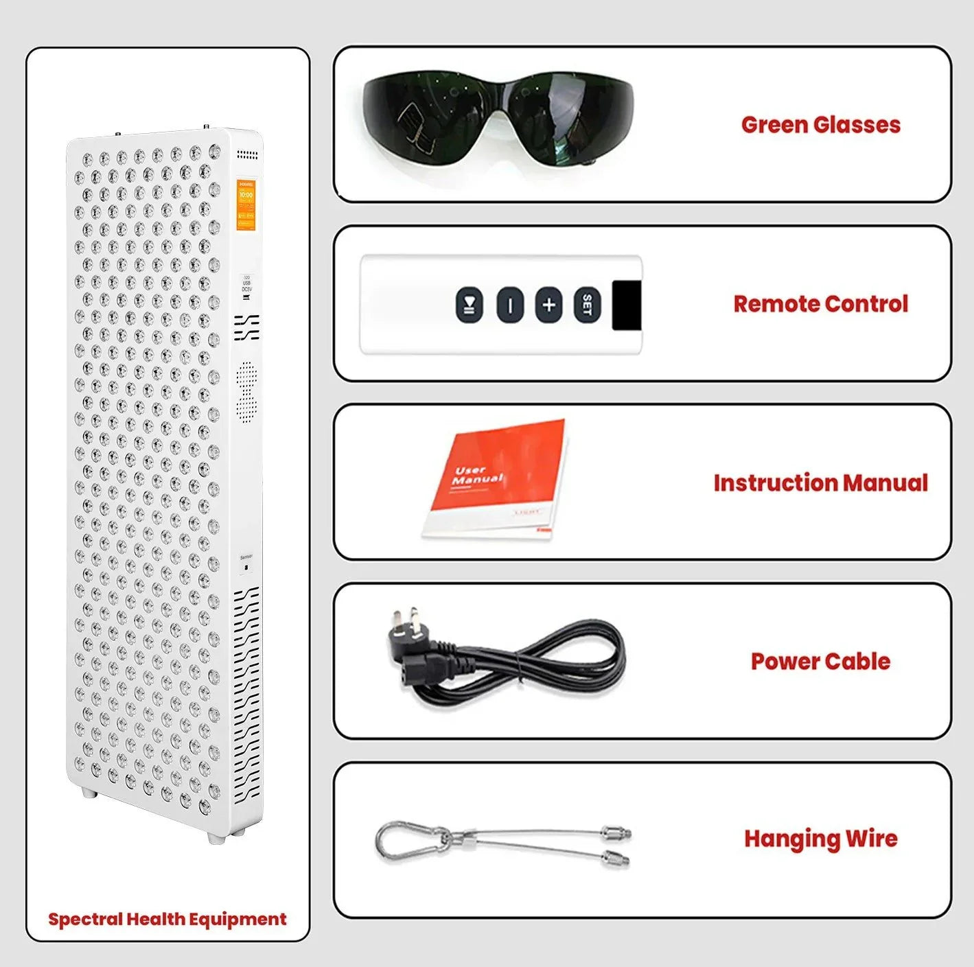 Spectral Health Equipment LED light panel with green glasses, remote control, instruction manual, power cable, and hanging wire