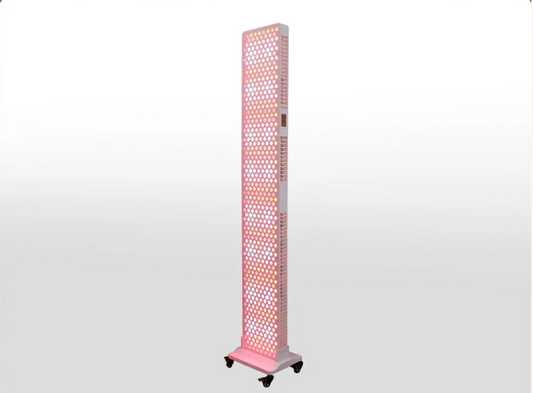 Tall white LED red light therapy panel on caster wheels with multiple light bulbs