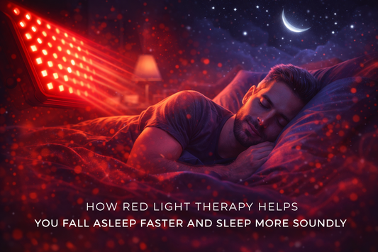 Person sleeping with red light therapy lamp on, text about red light therapy benefits.