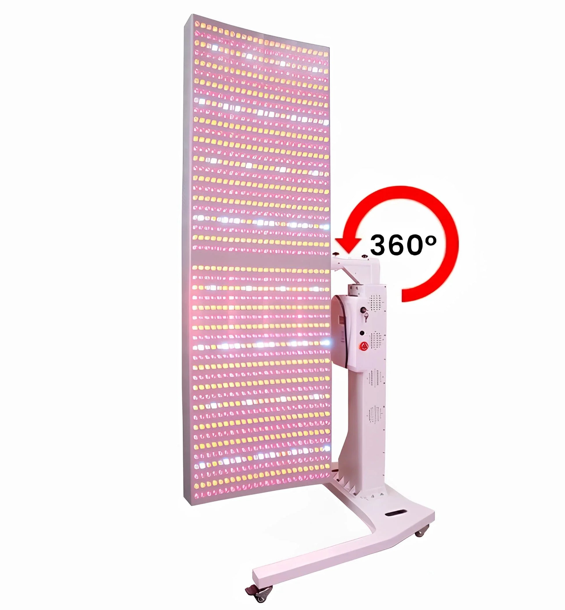 LED light therapy panel with a 360-degree rotation feature on a white background