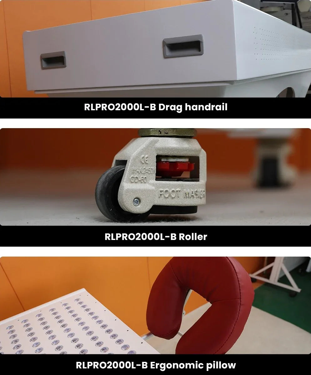 RLPRO2000L-B spa massage bed drag handrail, caster roller, and red ergonomic pillow close-up