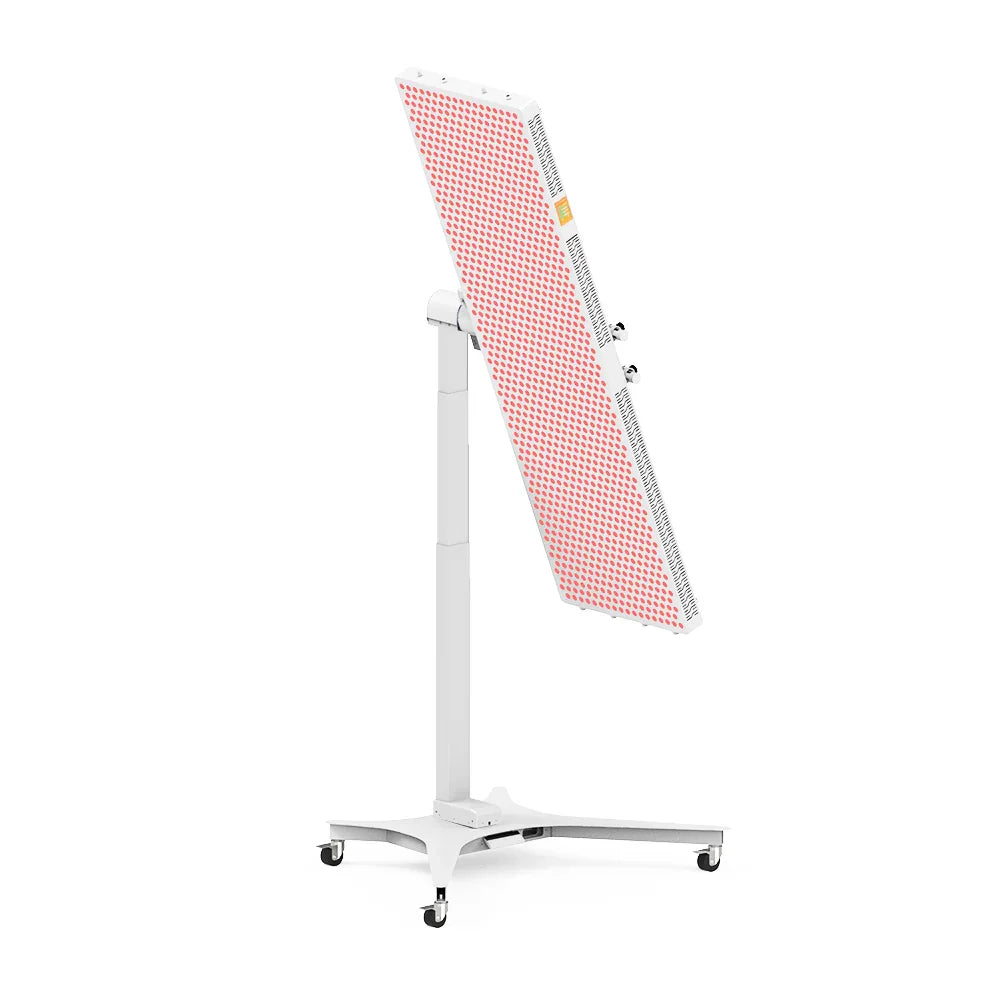 NovaThera premium red light therapy panel on adjustable white stand with wheels for home use