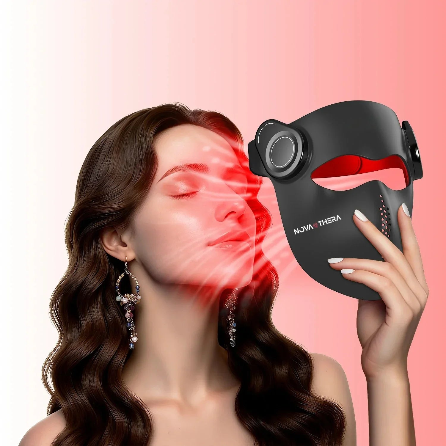 Woman using black Nova Thera LED light therapy mask emitting red light for facial skin treatment