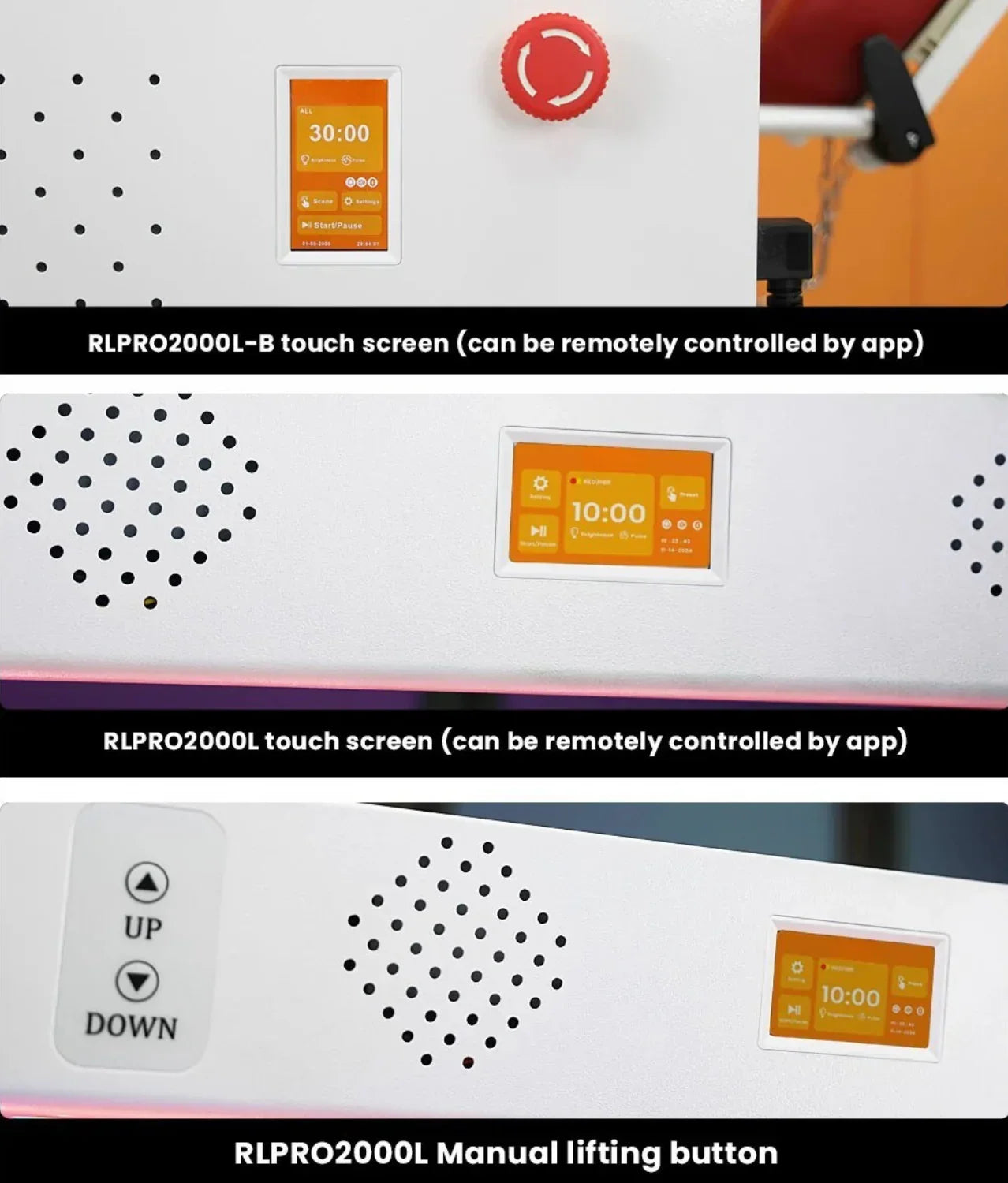 RLPRO2000L-B and RLPRO2000L touch screens with orange displays, remote app control, and manual lifting buttons