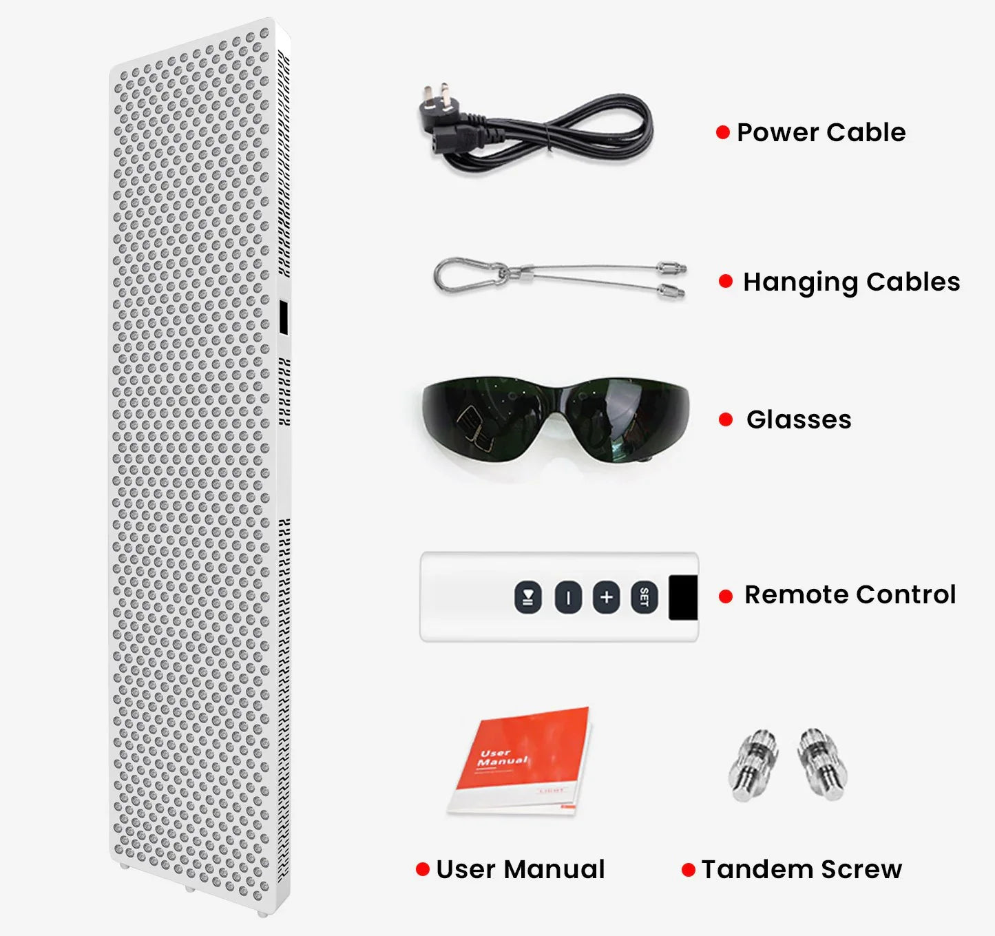 NovaThera red light therapy LED panel with power cable, hanging cables, protective glasses, remote control, user manual, and tandem screws