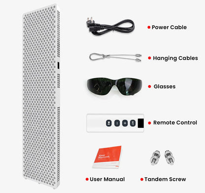 NovaThera red light therapy LED panel with power cable, hanging cables, protective glasses, remote control, user manual, and tandem screws
