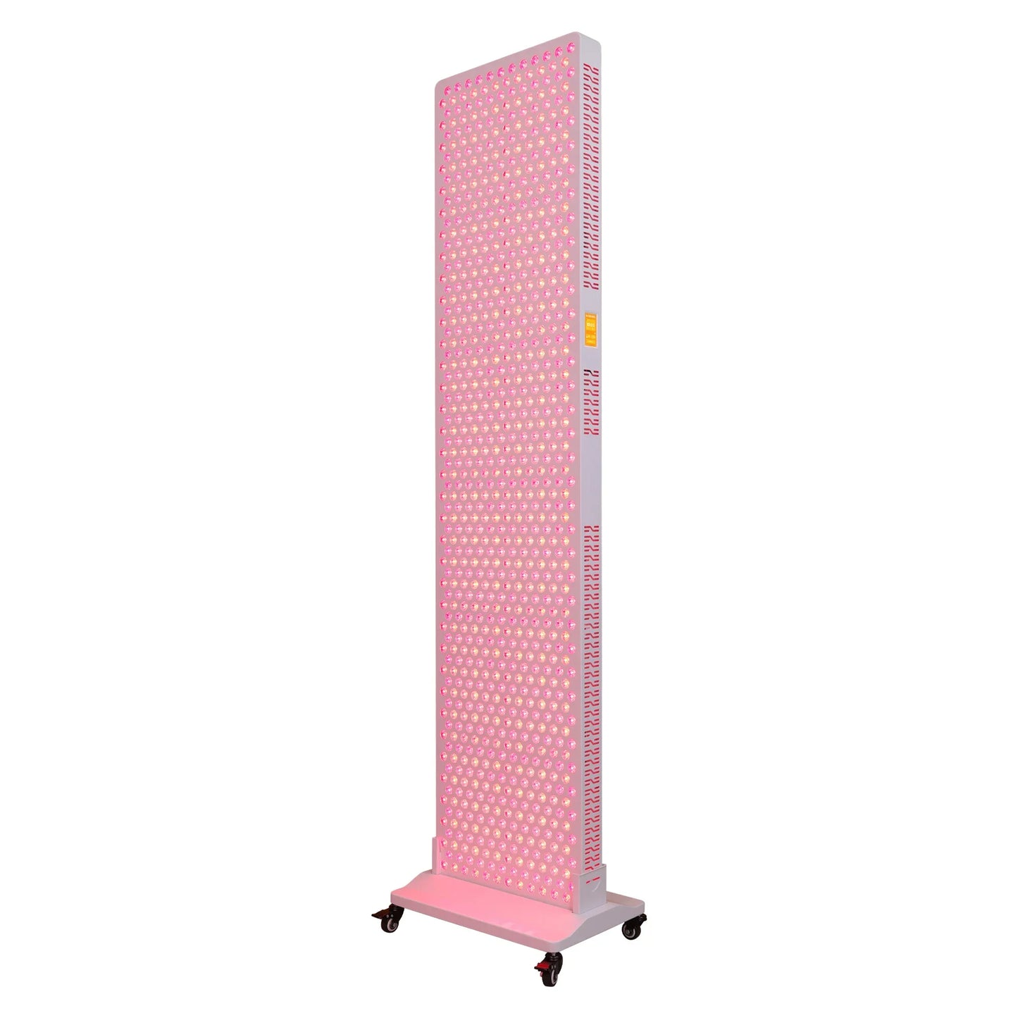 Tall NovaThera red light therapy panel with LED bulbs on wheeled stand, emitting pink-red light