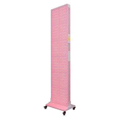 Tall NovaThera red light therapy panel with LED bulbs on wheeled stand, emitting pink-red light