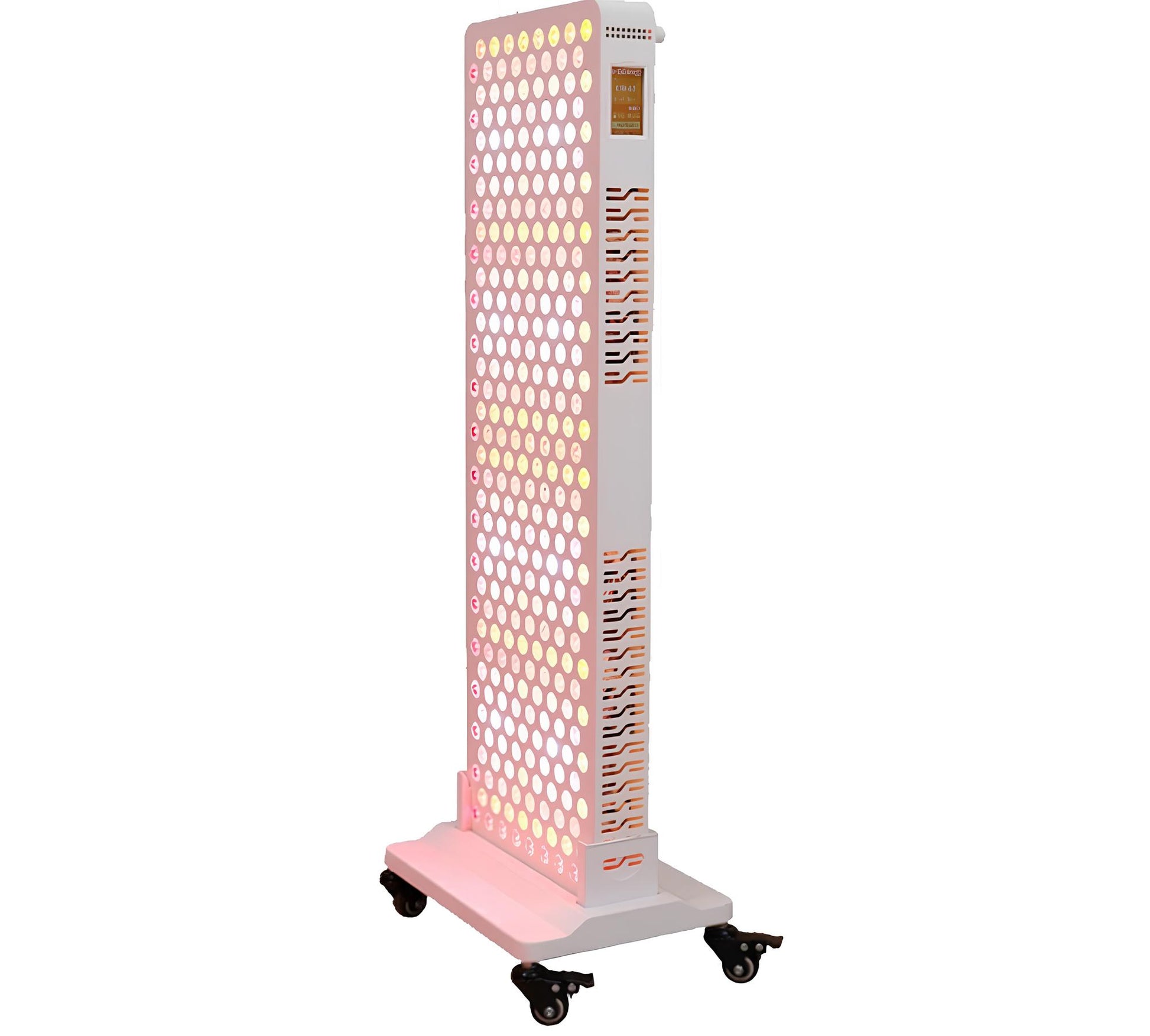 Tall, rectangular red light panel with a honeycomb design on a white background