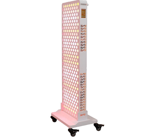 Tall, rectangular red light panel with a honeycomb design on a white background