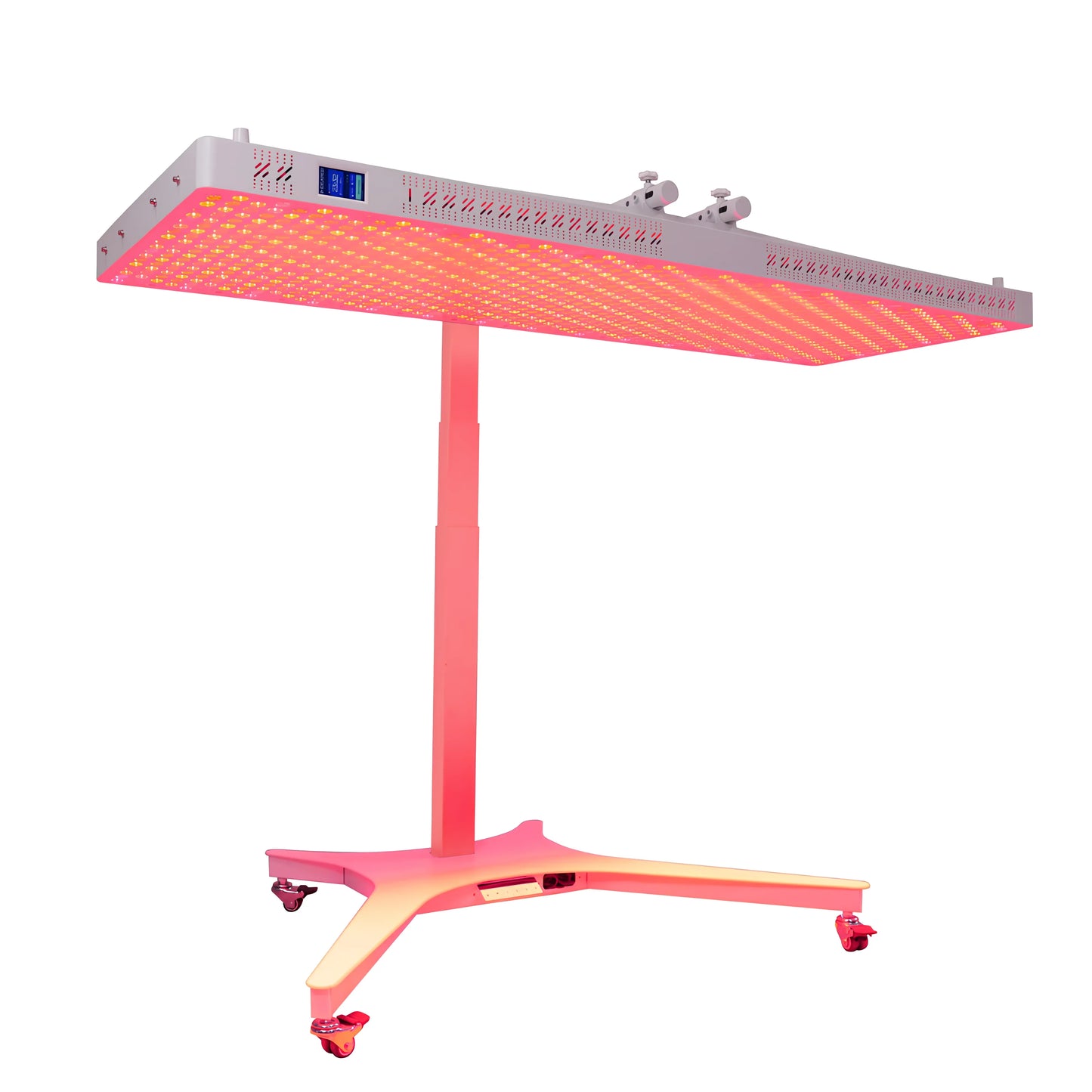 NovaThera full-body red light therapy panel on adjustable stand with rolling wheels