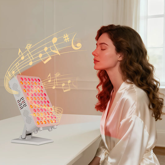 Woman in silk robe using NovaThera portable red light therapy device emitting musical notes