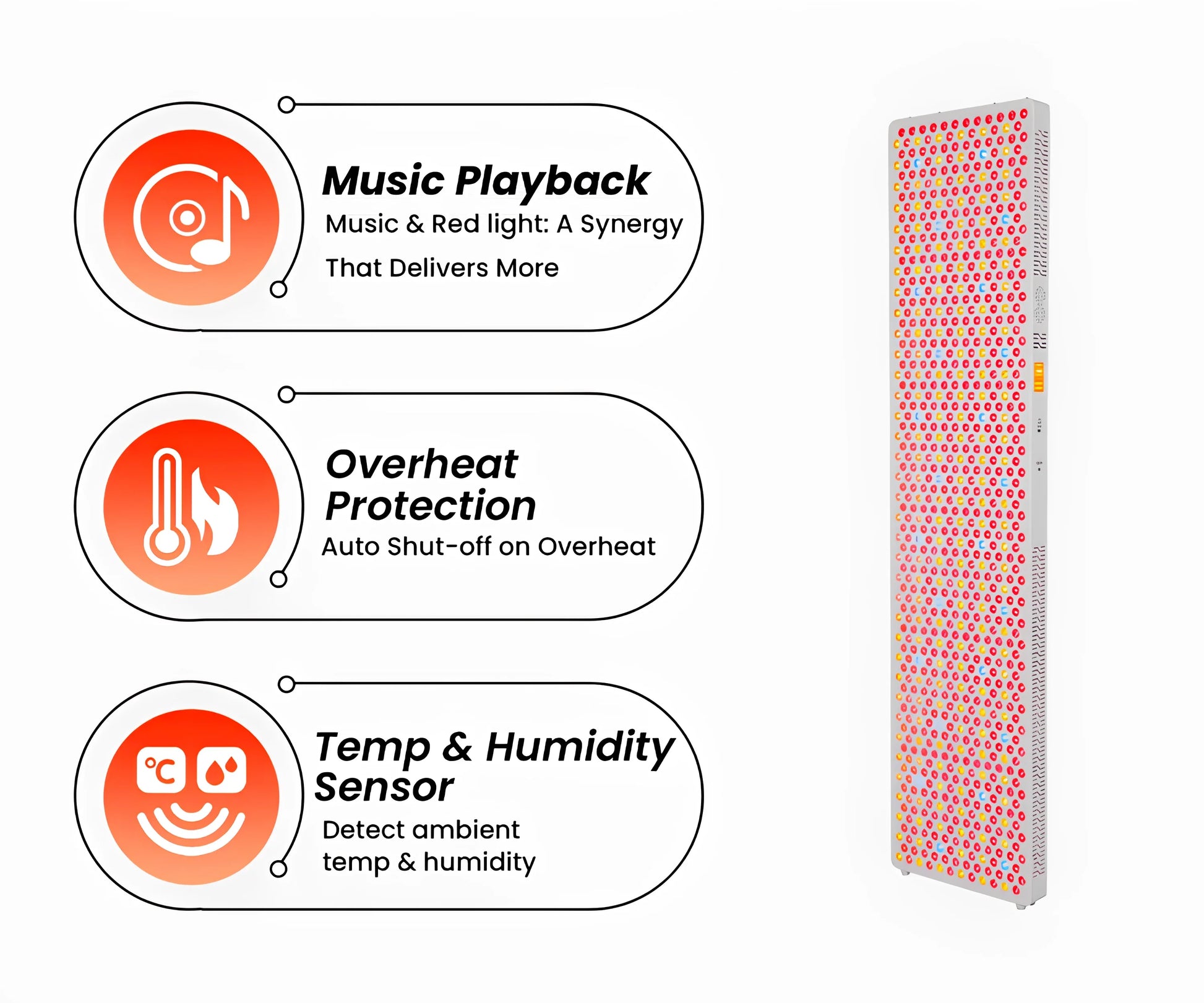 NovaThera red light therapy panel with icons for music playback, overheat protection auto shut-off, and temperature humidity sensor