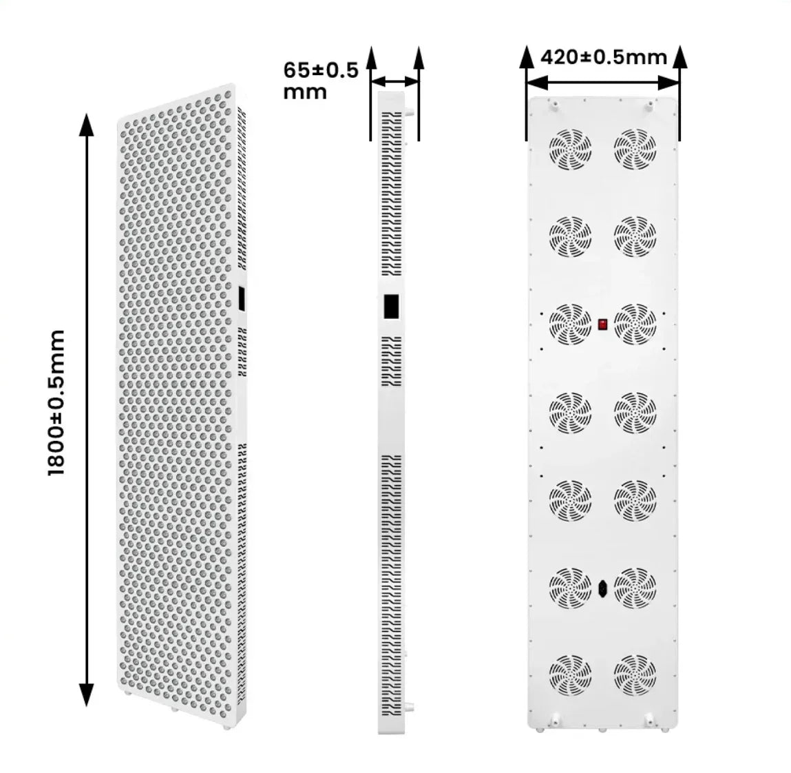 NovaThera slim rectangular red light therapy LED panel with detailed dimensions and cooling fans