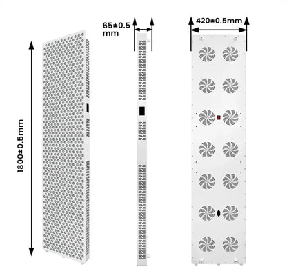 NovaThera slim rectangular red light therapy LED panel with detailed dimensions and cooling fans