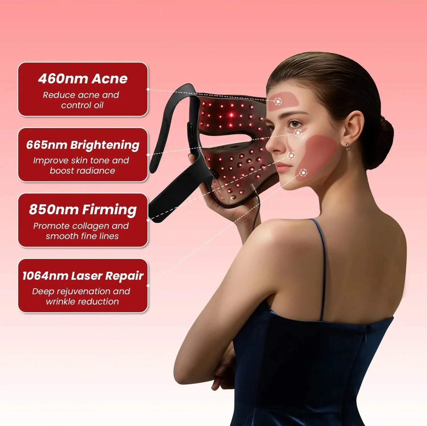 Woman holding black LED face mask with red light therapy targeting acne, brightening, firming, and laser repair