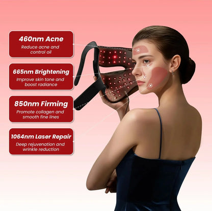 Woman holding black LED face mask with red light therapy targeting acne, brightening, firming, and laser repair
