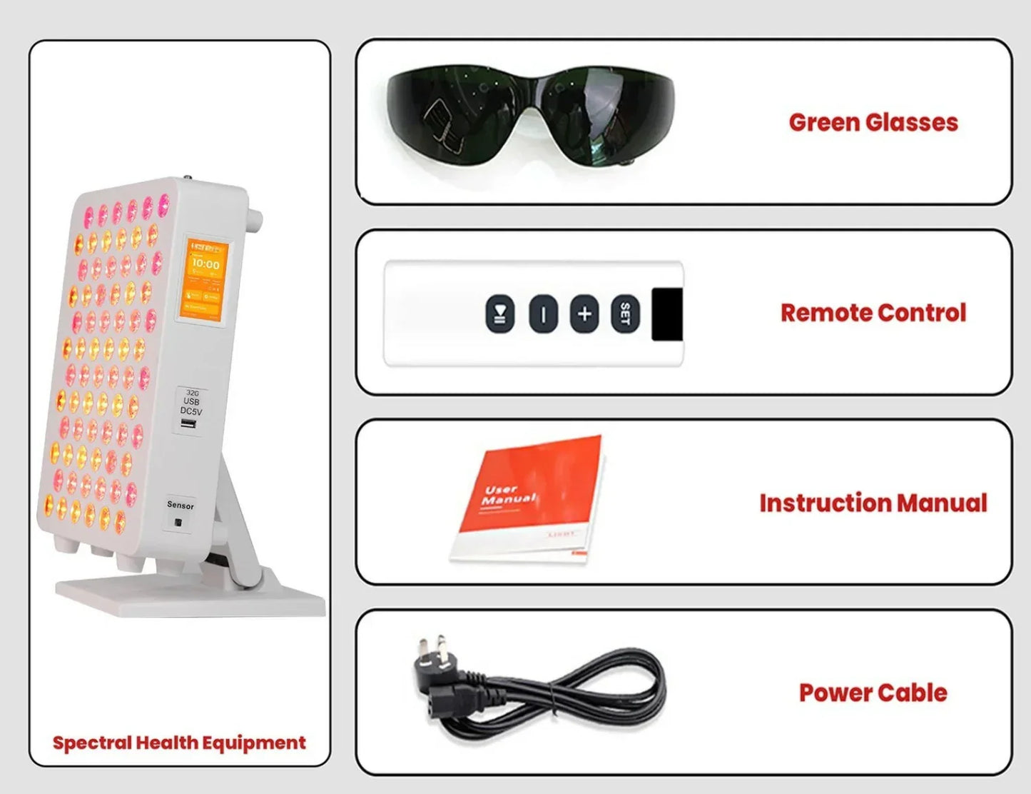 Spectral health equipment with LED lights, green protective glasses, remote control, instruction manual, and power cable