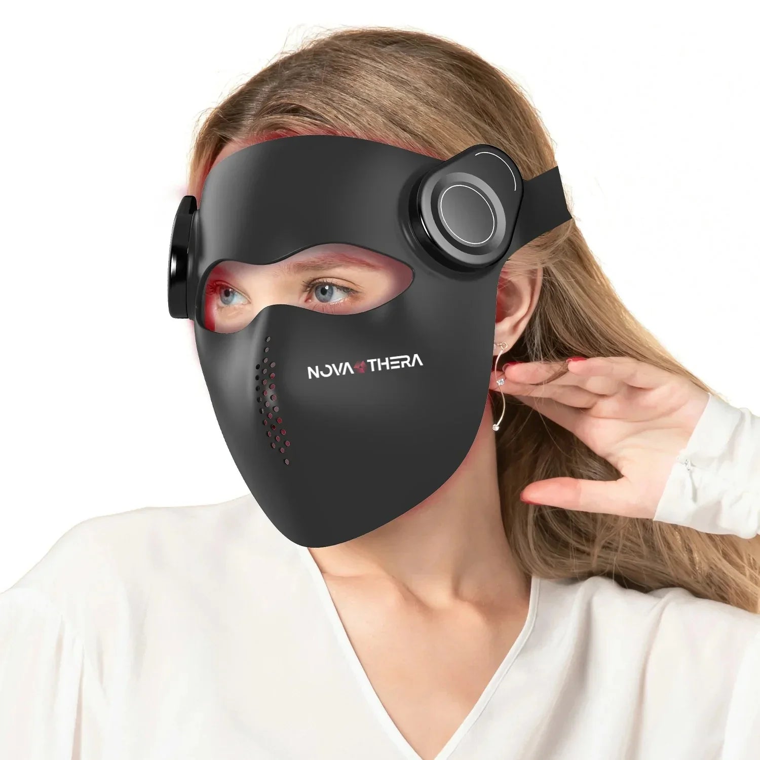 Woman wearing black high-tech NOVA THERA face mask with built-in audio speakers