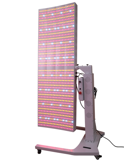 LED light panel on a stand with colorful display on a white background