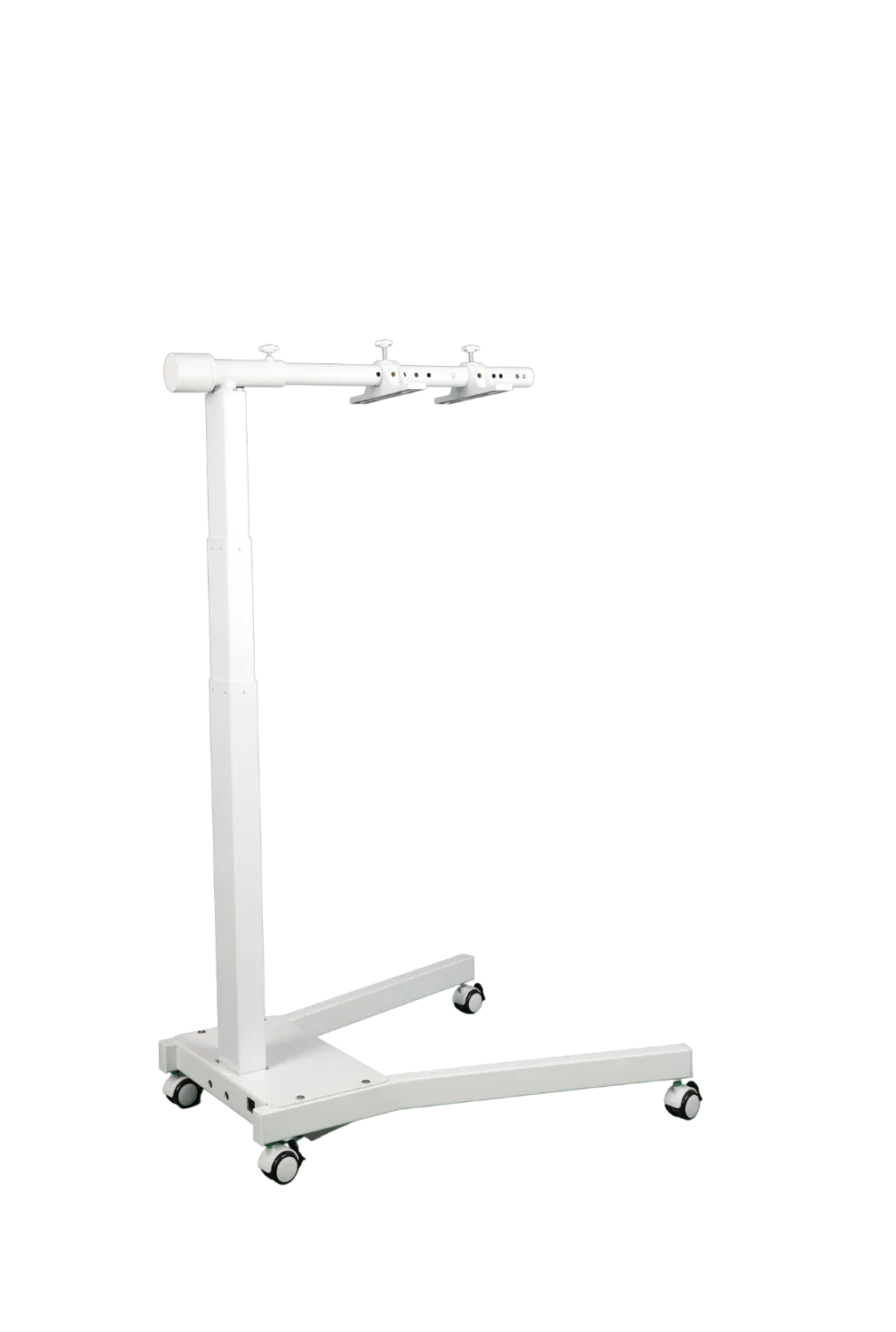 white metal mobile stand with adjustable arms and caster wheels on black background