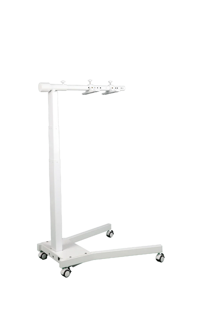 white metal mobile stand with adjustable arms and caster wheels on black background