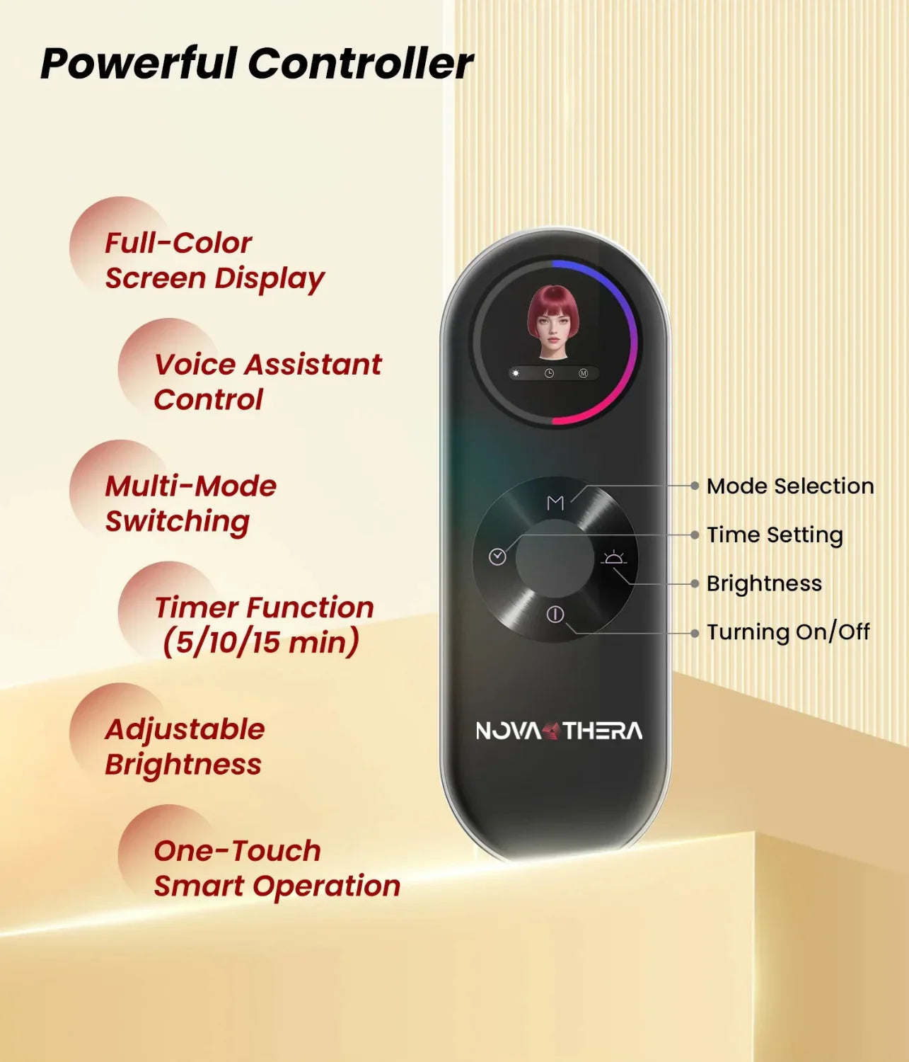 Novathera black remote controller with full-color screen, voice assistant, multi-mode, timer, and brightness control