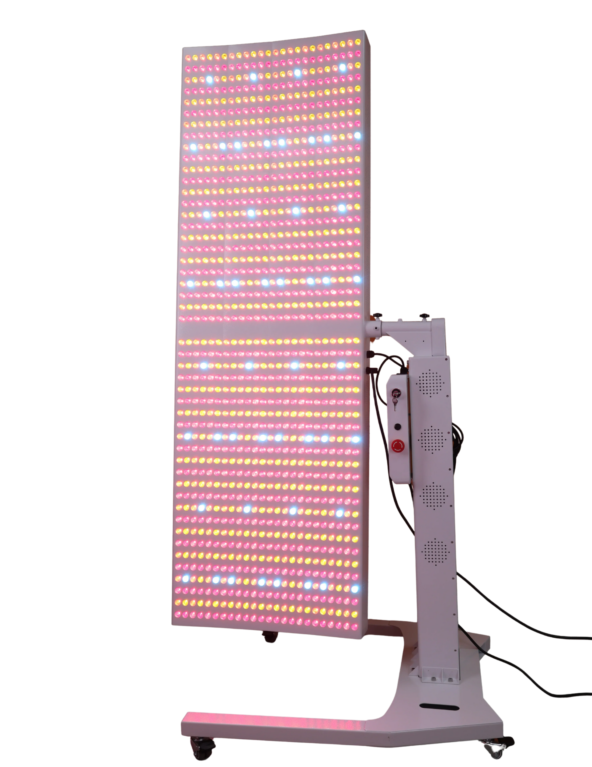 LED panel light with colorful display on a stand against a white background