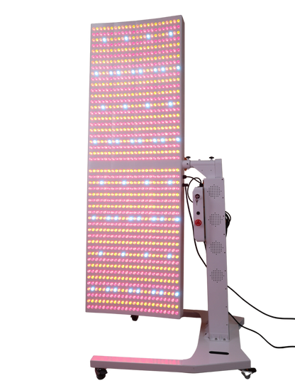 LED panel light with colorful display on a stand against a white background