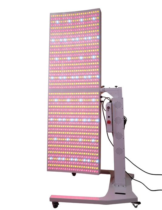 LED panel light with colorful display on a stand against a white background