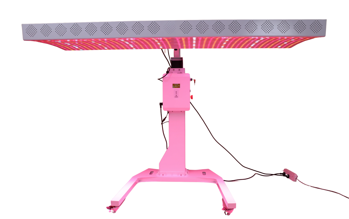 Pink LED light stand with a rectangular light panel on a white background