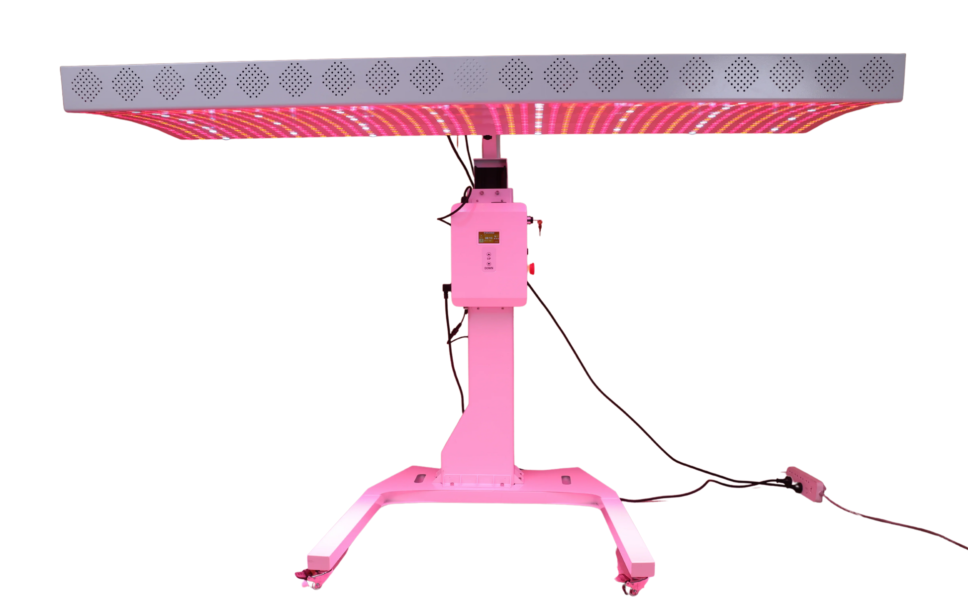 Pink LED light stand with a rectangular light panel on a white background