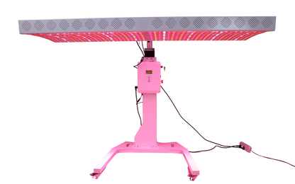Pink LED light stand with a rectangular light panel on a white background