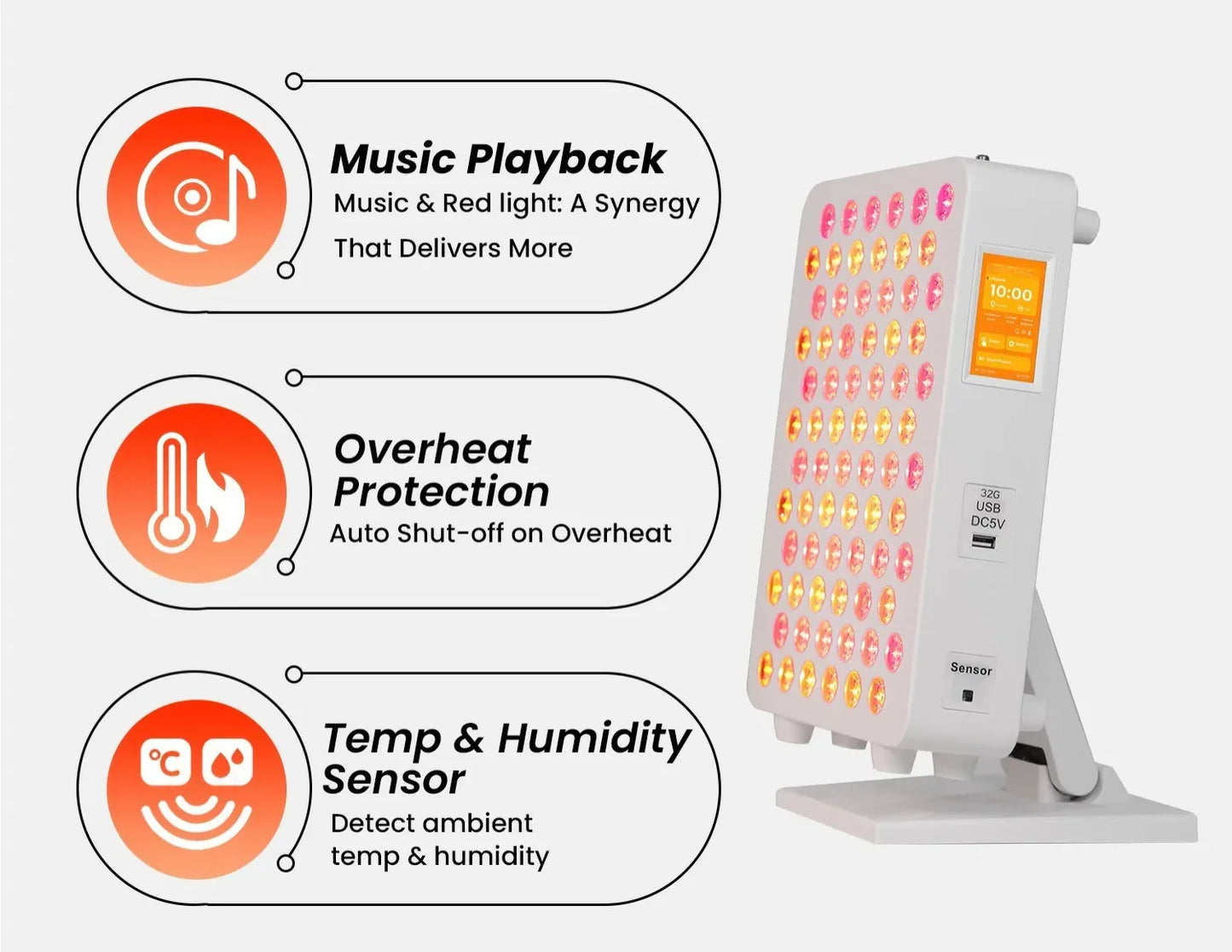 White red light therapy device with music playback, overheat protection, and temperature humidity sensor features