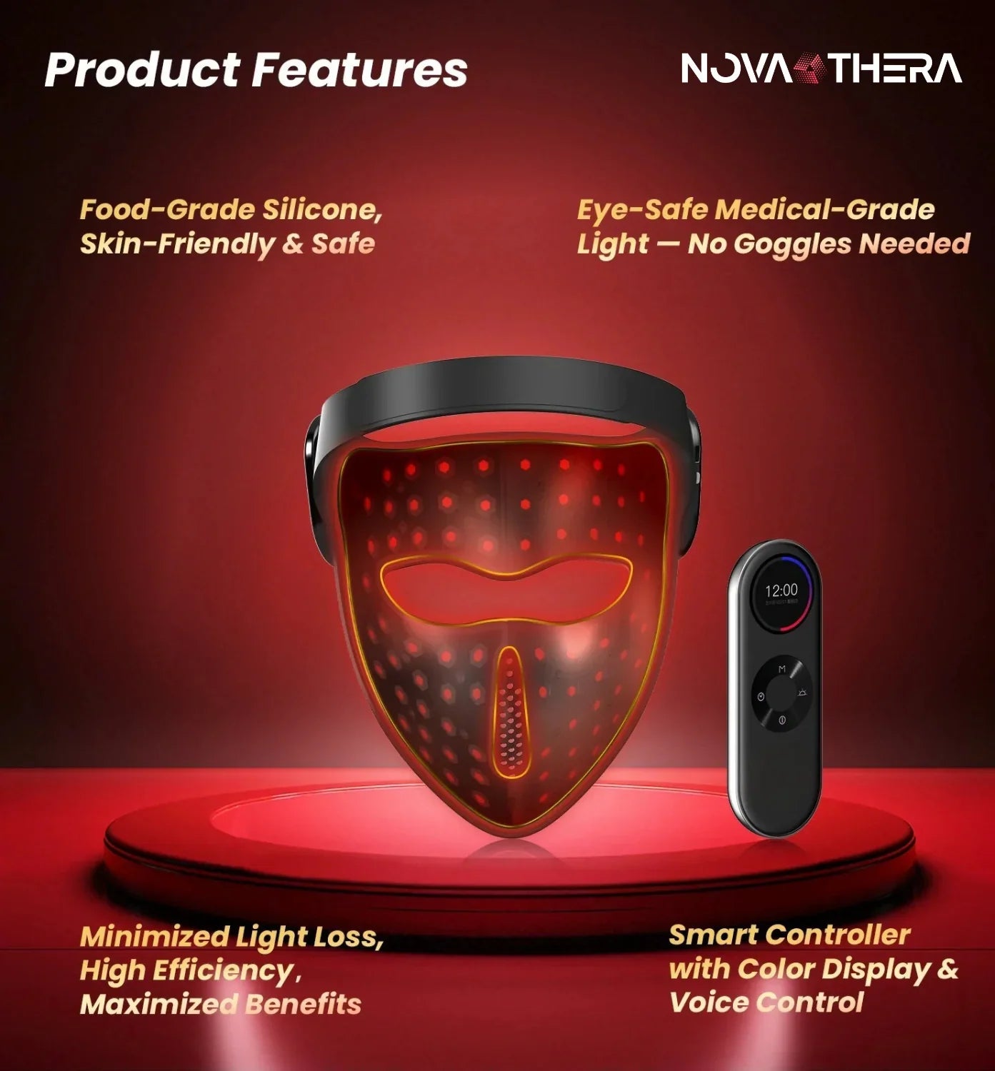 NovaThera red light therapy face mask with smart controller, food-grade silicone, eye-safe medical-grade light