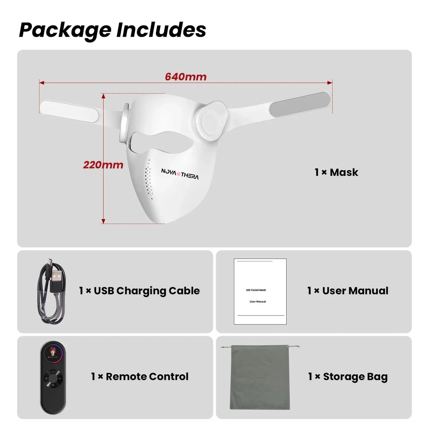 NovaThera LED facial mask with USB cable, remote control, user manual, and storage bag included