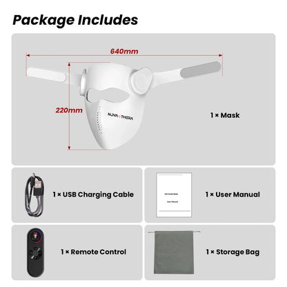 NovaThera LED facial mask with USB cable, remote control, user manual, and storage bag included