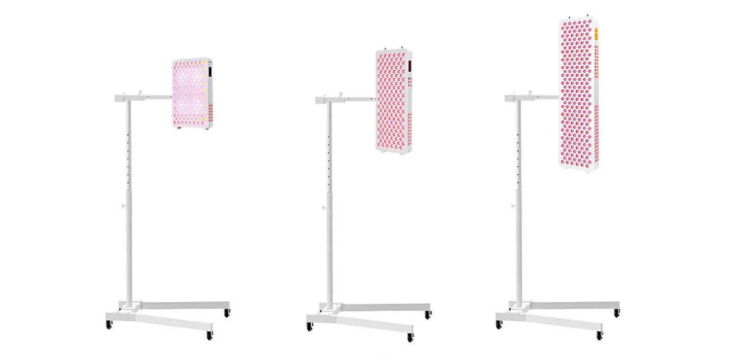 NovaThera adjustable red light therapy LED panels on white stands with wheels, shown at three heights