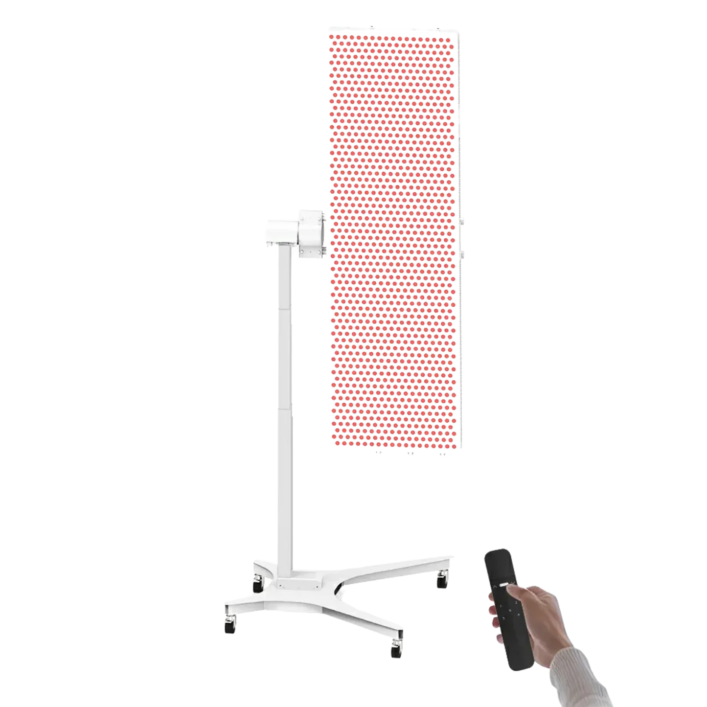 NovaThera premium red light therapy panel on white stand with remote control in hand