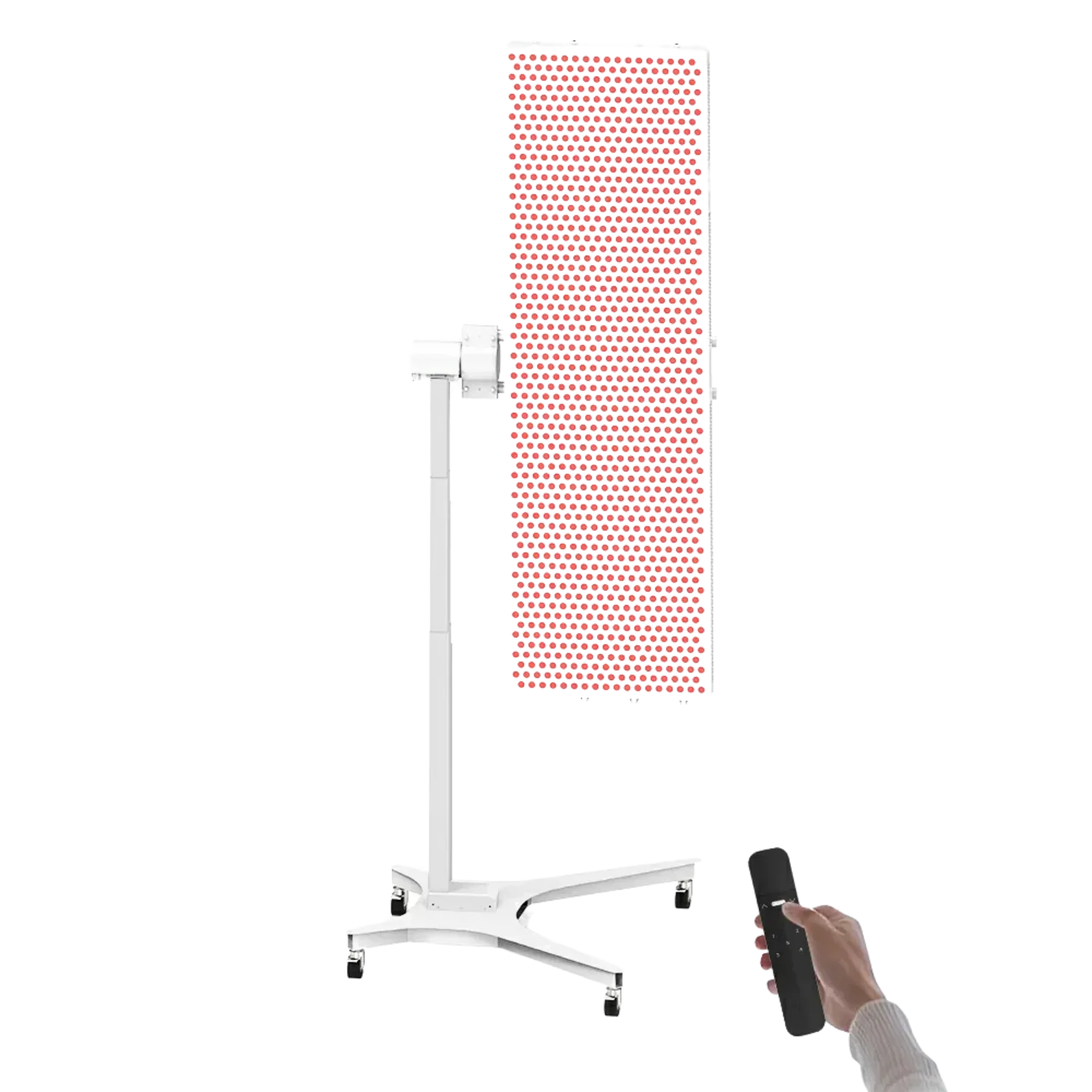 NovaThera premium red light therapy panel on white stand with remote control in hand
