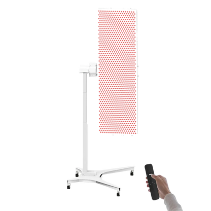 NovaThera premium red light therapy panel on white stand with remote control in hand