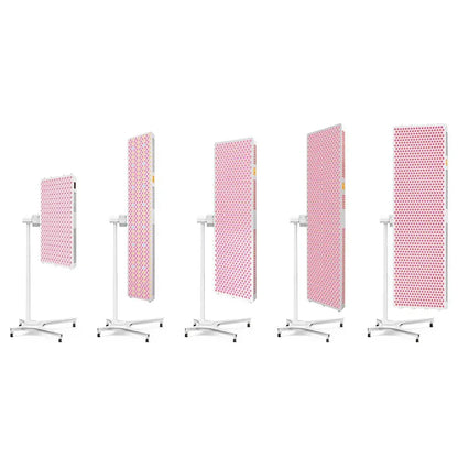 Five adjustable red light therapy panels on white electric stands with 360-degree rotation