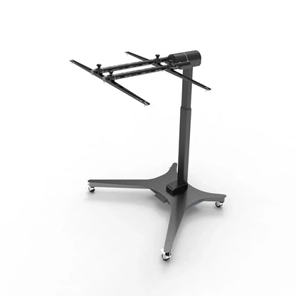 Adjustable electric bracket stand with 360-degree rotating arms and caster wheels on white background