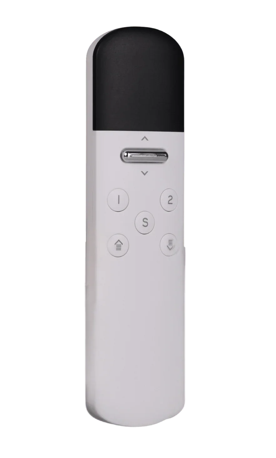 White remote control with black top, multiple round buttons, and a silver slider