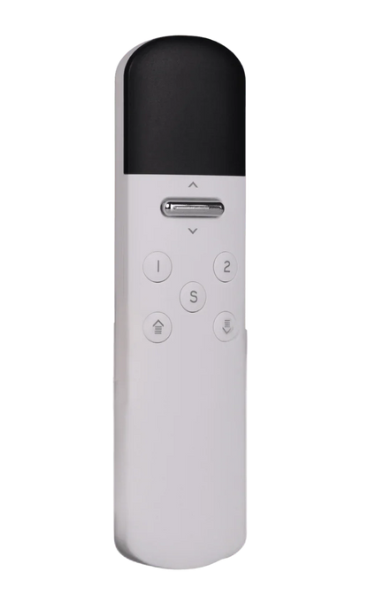 White remote control with black top, multiple round buttons, and a silver slider