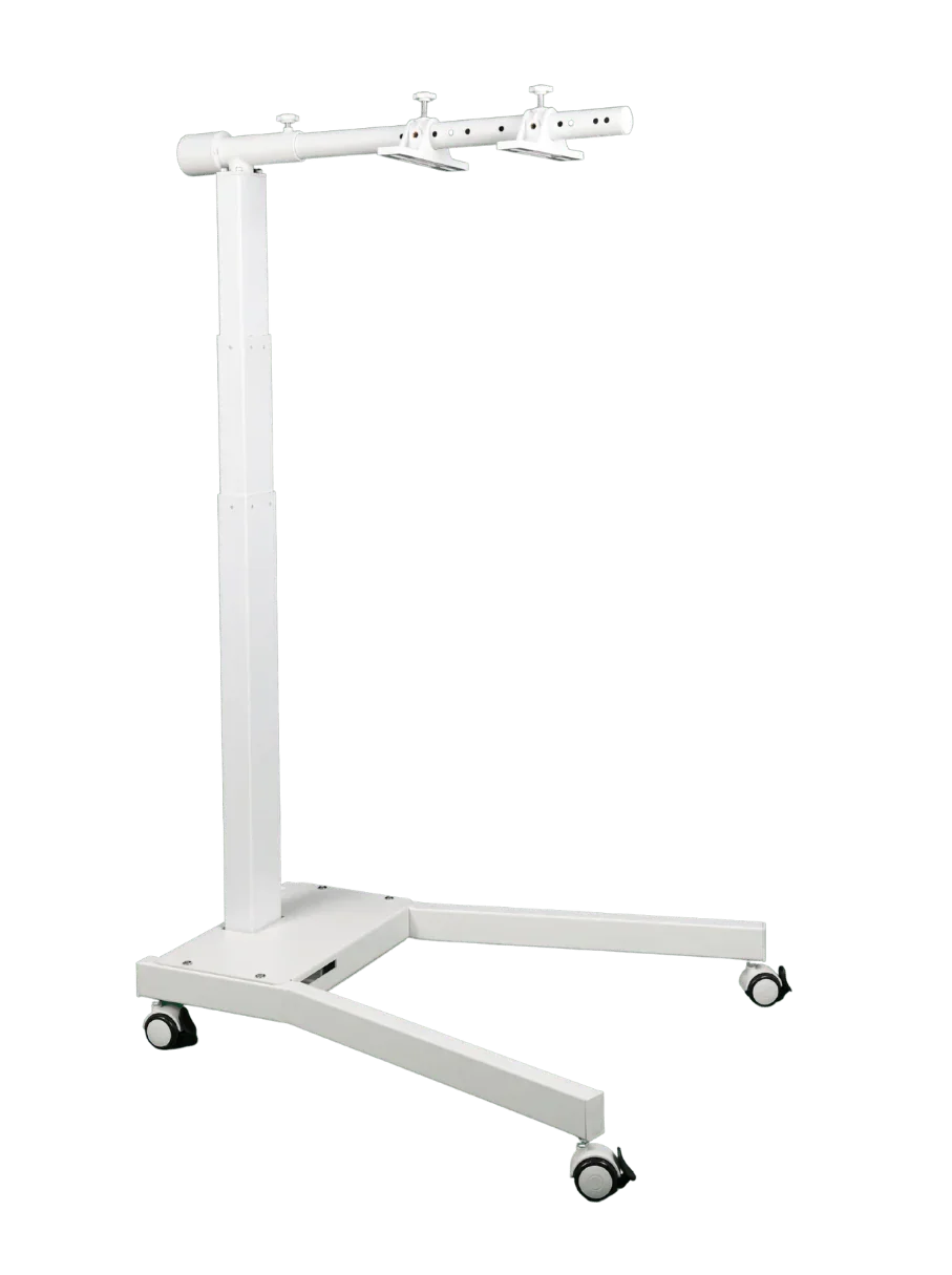 White adjustable mobile stand with 360-degree rotating brackets for red light therapy panels