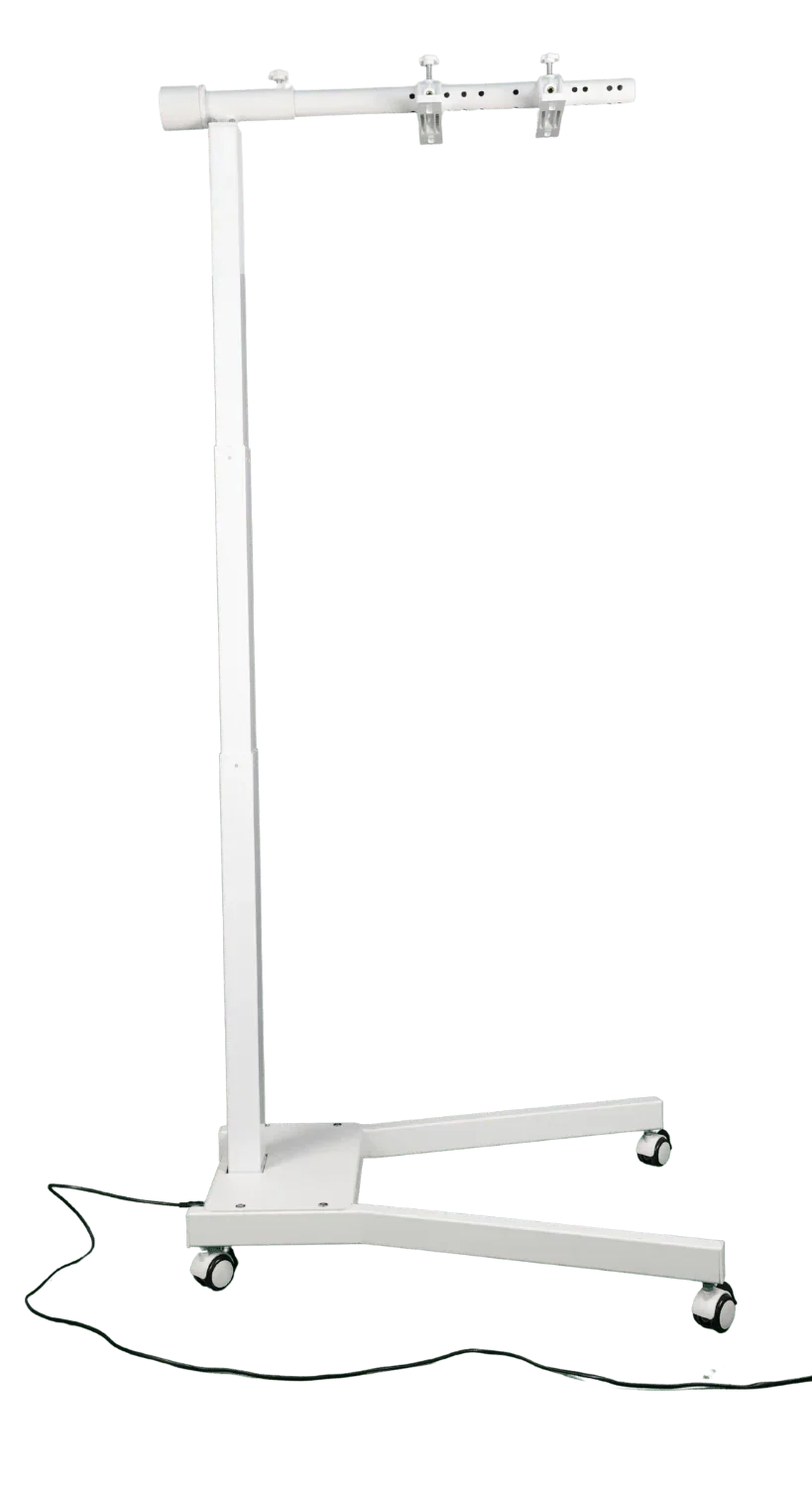 White adjustable metal stand with wheels and rotating bracket for red light therapy panel