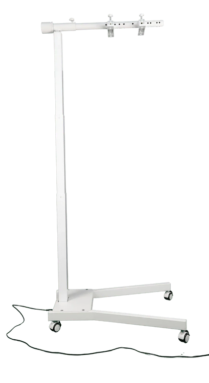 White adjustable metal stand with wheels and rotating bracket for red light therapy panel